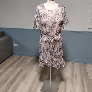 Soft Pink Floral Tie-Waist Ruffle Mini Dress